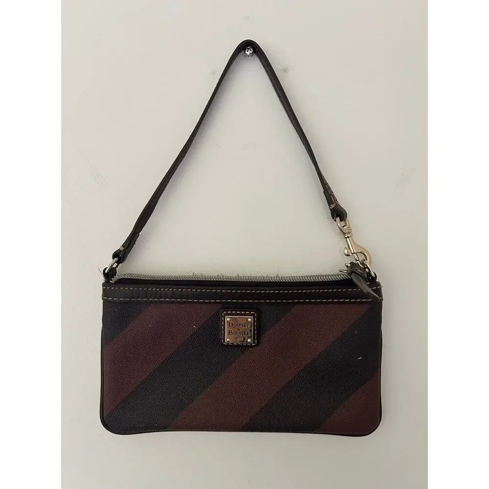 Dooney and Bourke Brown Black Striped Leather Wristlet GUC Red Shoulder Strap